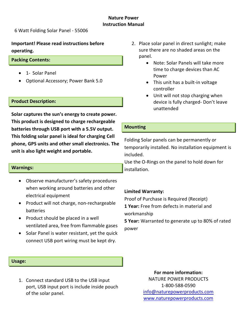 Nature Power 6 Watt Folding Solar Panel (55006) User Manual | 1 page