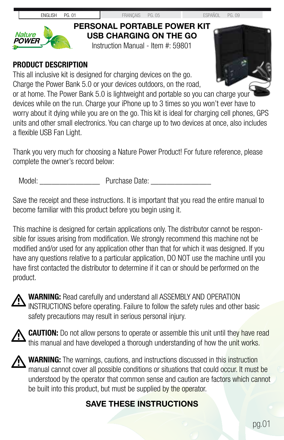 Nature Power PERSONAL PORTABLE POWER KIT USB CHARGING ON THE GO (59801) User Manual | 12 pages