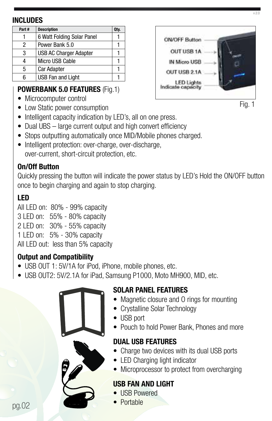Pg.02 | Nature Power PERSONAL PORTABLE POWER KIT USB CHARGING ON THE GO (59801) User Manual | Page 2 / 12