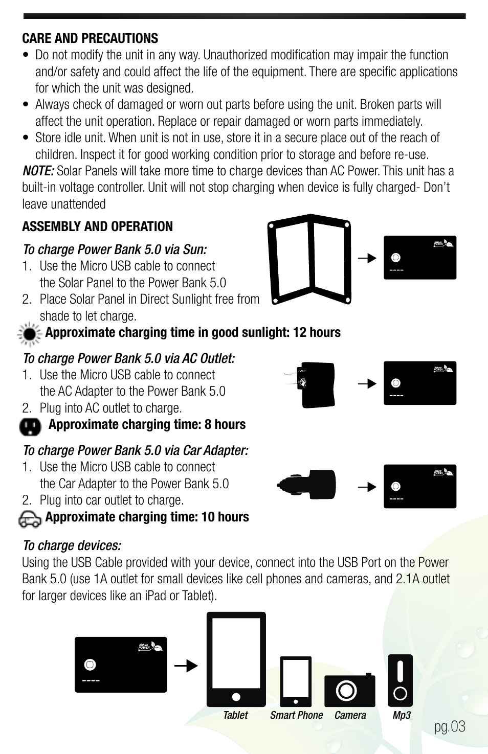 Pg.03 | Nature Power PERSONAL PORTABLE POWER KIT USB CHARGING ON THE GO (59801) User Manual | Page 3 / 12