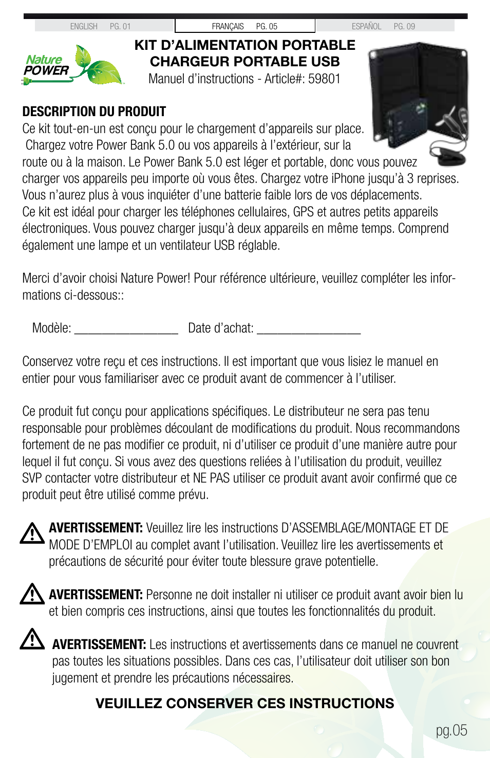 Pg.05 | Nature Power PERSONAL PORTABLE POWER KIT USB CHARGING ON THE GO (59801) User Manual | Page 5 / 12