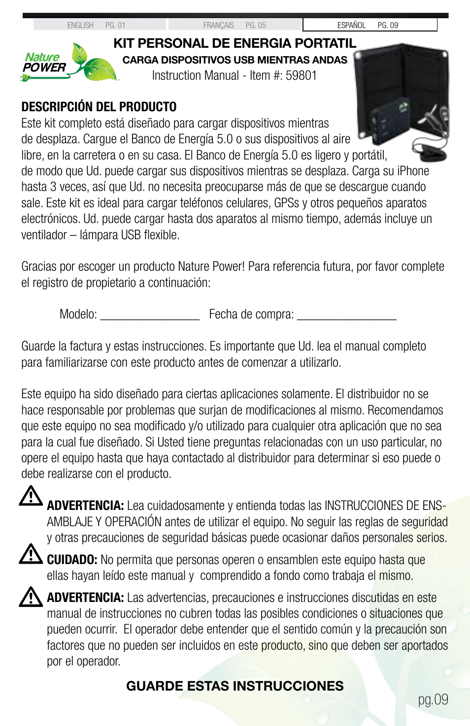 Pg.09, Kit personal de energia portatil | Nature Power PERSONAL PORTABLE POWER KIT USB CHARGING ON THE GO (59801) User Manual | Page 9 / 12