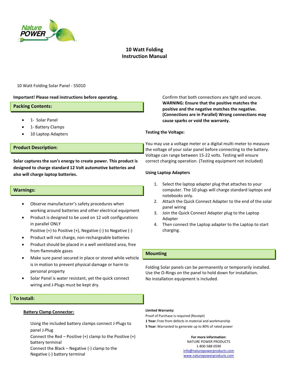 Nature Power 10 Watt Folding (55010) User Manual | 1 page