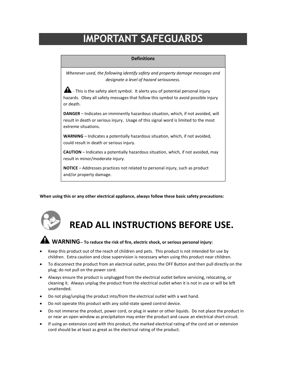 Important safeguards, Read all instructions before use, Warning | Ragalta RDF-1220 User Manual | Page 2 / 11