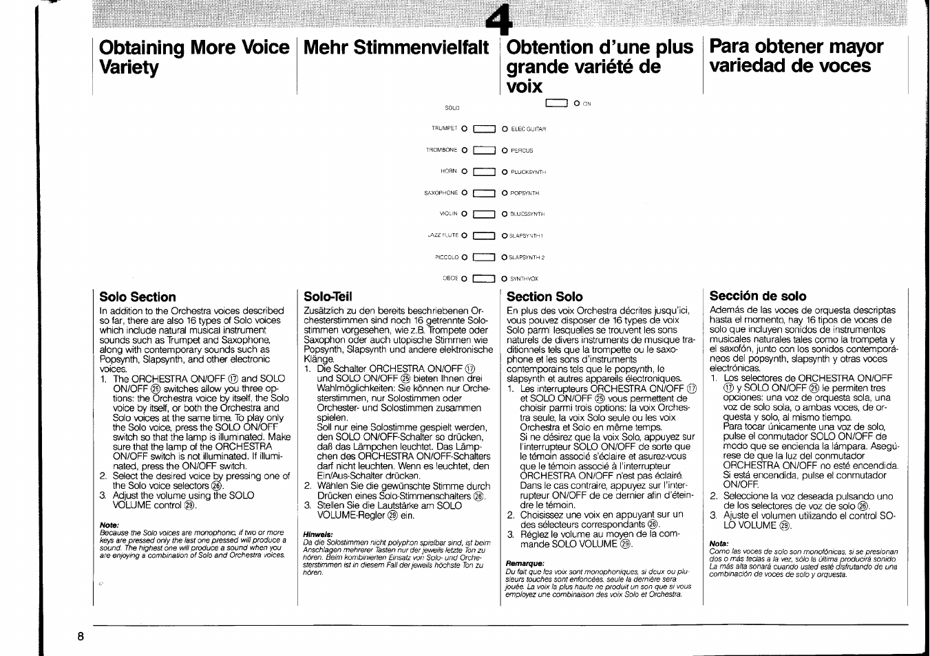 Obtaining more voice variety, Obtention d’une plus grande variété de voix, Para obtener mayor variedad de voces | Solo section, Solo-teil, Section solo, Sección de solo, Solo section) | Yamaha PSR-90 User Manual | Page 10 / 51