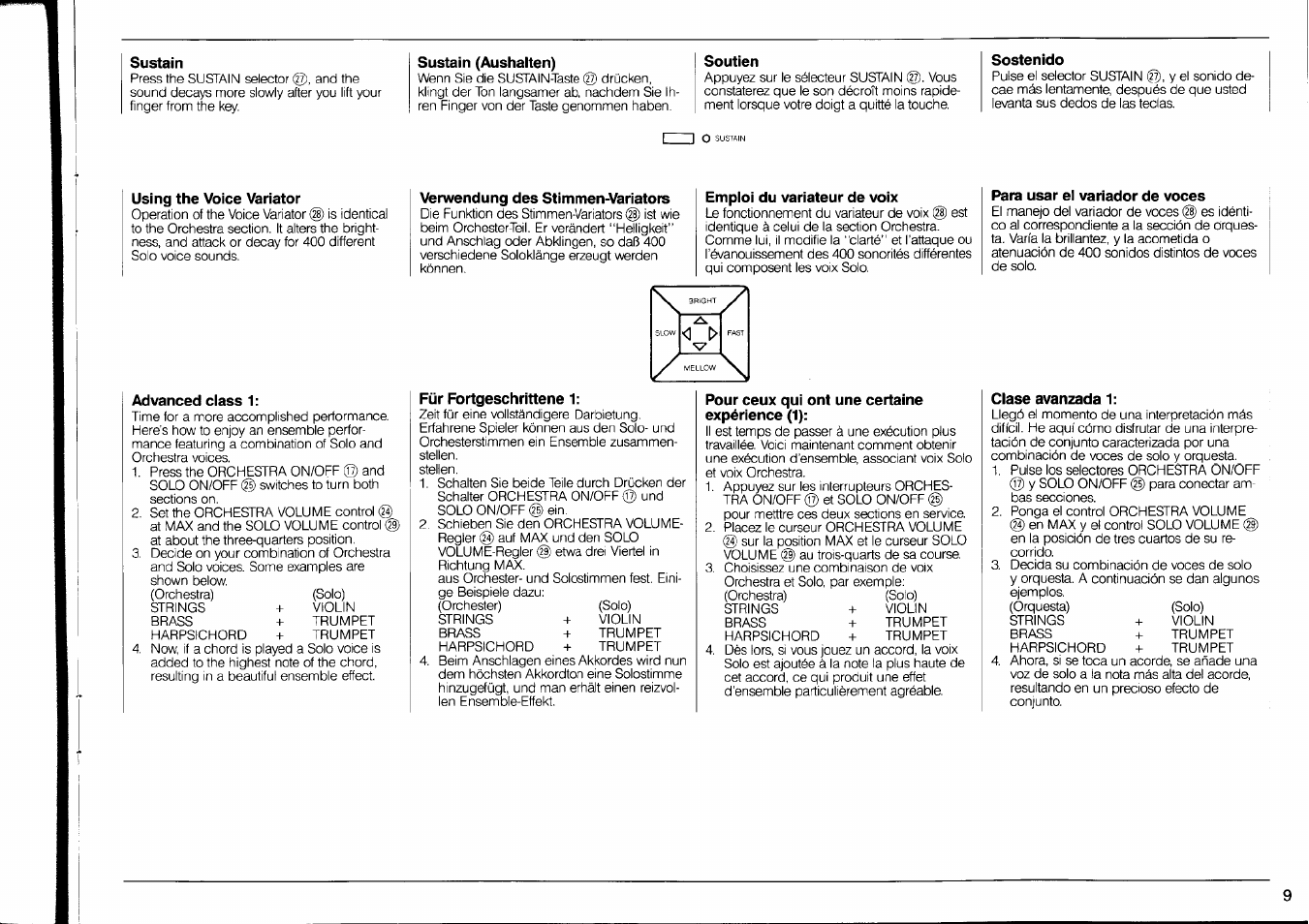 Sustain, Sustain (aushalten), Soutien | Sostenido, Using the voice variator, Advanced ciass 1, Verwendung des stimmen-variators, Emploi du variateur de voix, Für fortgeschrittene 1, Pour ceux qui ont une certaine expérience (1) | Yamaha PSR-90 User Manual | Page 11 / 51