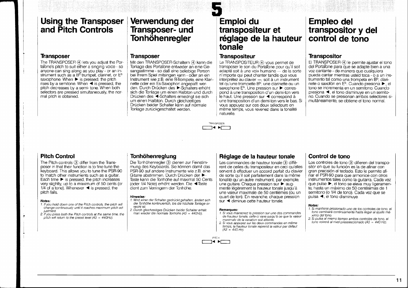 Transposer, Transpositeur, Transpositor | Pitch control, Tonhöhenreglung, Réglage de la hauteur tonale, Control de tono, Pitch controls, Tonhöhenregler, De la hauteur tonale | Yamaha PSR-90 User Manual | Page 13 / 51