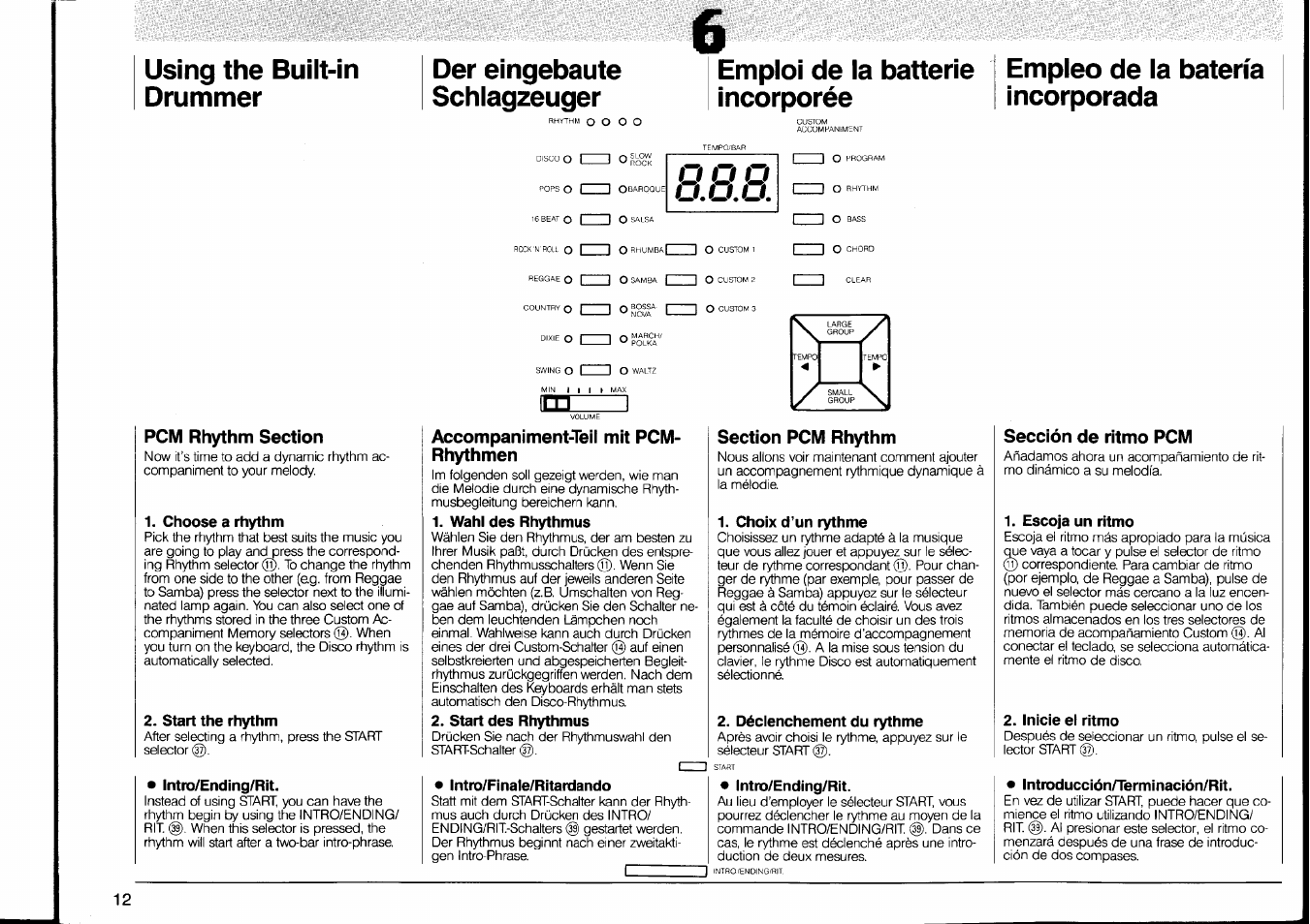 Emploi de la batterie incorporée, Pcm rhythm section, Choose a rhythm | Start the rhythm, Intro/ending/rit, Intro/finale/ritardando, Accompaniment-teil mit pcm- rhythmen, Wahl des rhythmus, Start des rhythmus, Section pcm rhythm | Yamaha PSR-90 User Manual | Page 14 / 51