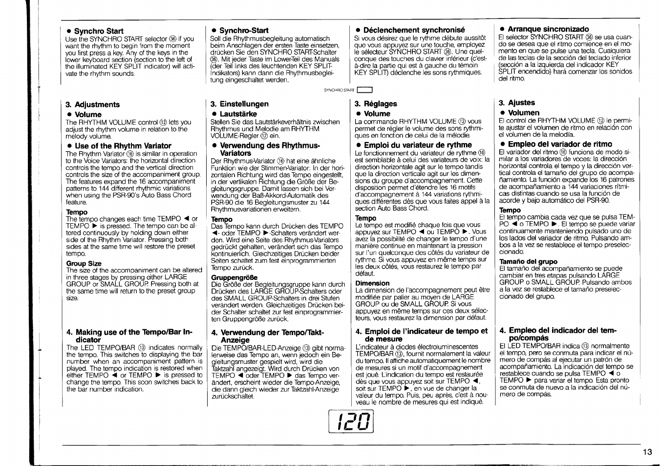 Synchro start, Adjustments, Volume | Use of the rhythm variator, Making use of the tempo/bar indicator, Synchro-start, Déclenchement synchronisé, Einstellungen, Lautstärke, Verwendung des rhythmus- variators | Yamaha PSR-90 User Manual | Page 15 / 51