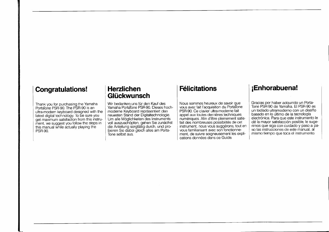 Congratulations, Herzlichen, Glückwunsch | Félicitations, Enhorabuena, Herzlichen glückwunsch | Yamaha PSR-90 User Manual | Page 2 / 51