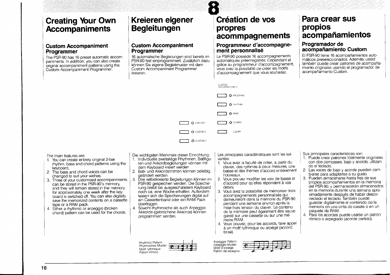 Creating your own accompaniments, Custom accompaniment programmer, Kreieren eigener begleitungen | Création de vos propres, Acommpagnements, Programmeur d’accompagnement personnaiisé, Para crear sus propios, Acompañamientos, Programador de acompañamiento custom, Création de vos propres acommpagnements | Yamaha PSR-90 User Manual | Page 20 / 51