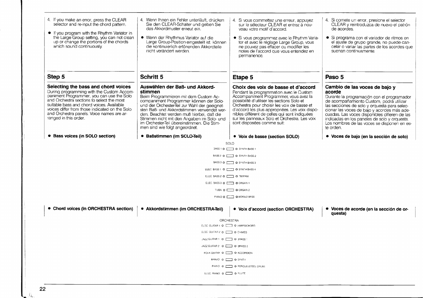 Chord voices (in orchestra section), Voces de acorde (en ia sección de orquesta), Step 5 schritt 5 etape 5 paso 5 | Yamaha PSR-90 User Manual | Page 24 / 51