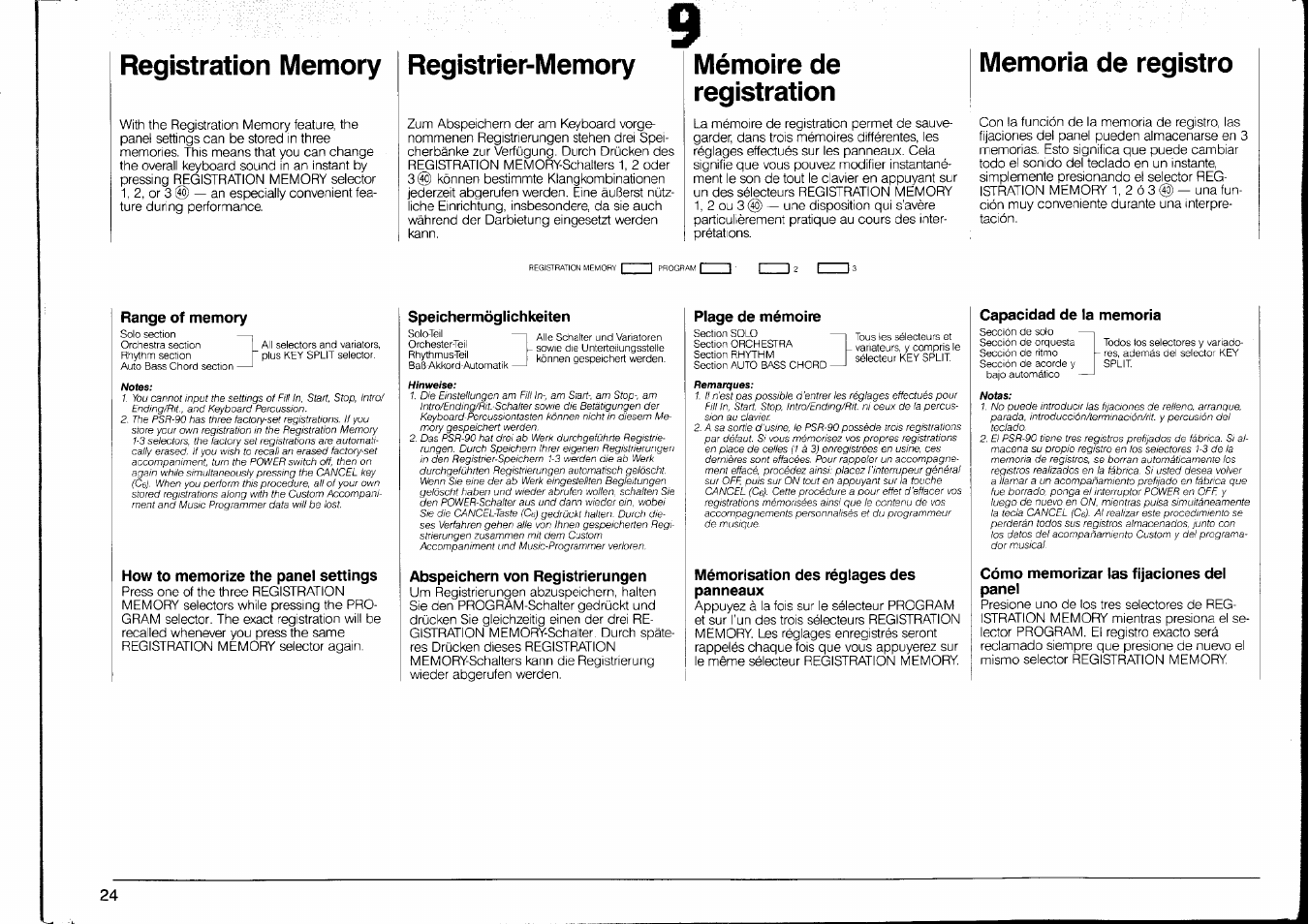 Registration memory, Registrier-memory, Mémoire de registration | Memoria de registro, Range of memory, How to memorize the panel settings, Speichermöglichkeiten, Abspeichern von registrierungen, Plage de mémoire, Mémorisation des réglages des panneaux | Yamaha PSR-90 User Manual | Page 26 / 51