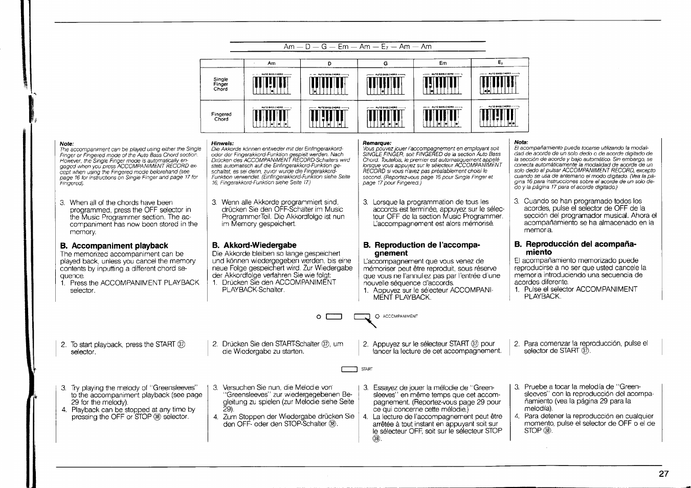 B. accompaniment playback, B. akkord-wiedergabe, B. reproduction de l’accompagnement | B. reproducción del acompañamiento, A ffl a, Aa i, Aii la a, La a i | Yamaha PSR-90 User Manual | Page 29 / 51