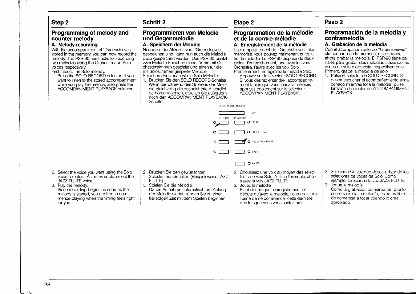 Step 2, Programming of melody and counter melody, A. melody recording | Schritt 2, Programmieren von melodie und gegenmelodie, A. speichern der melodie, Etape 2, A. enregistrement de la mélodie, Paso 2, Programación de la melodía y | Yamaha PSR-90 User Manual | Page 30 / 51