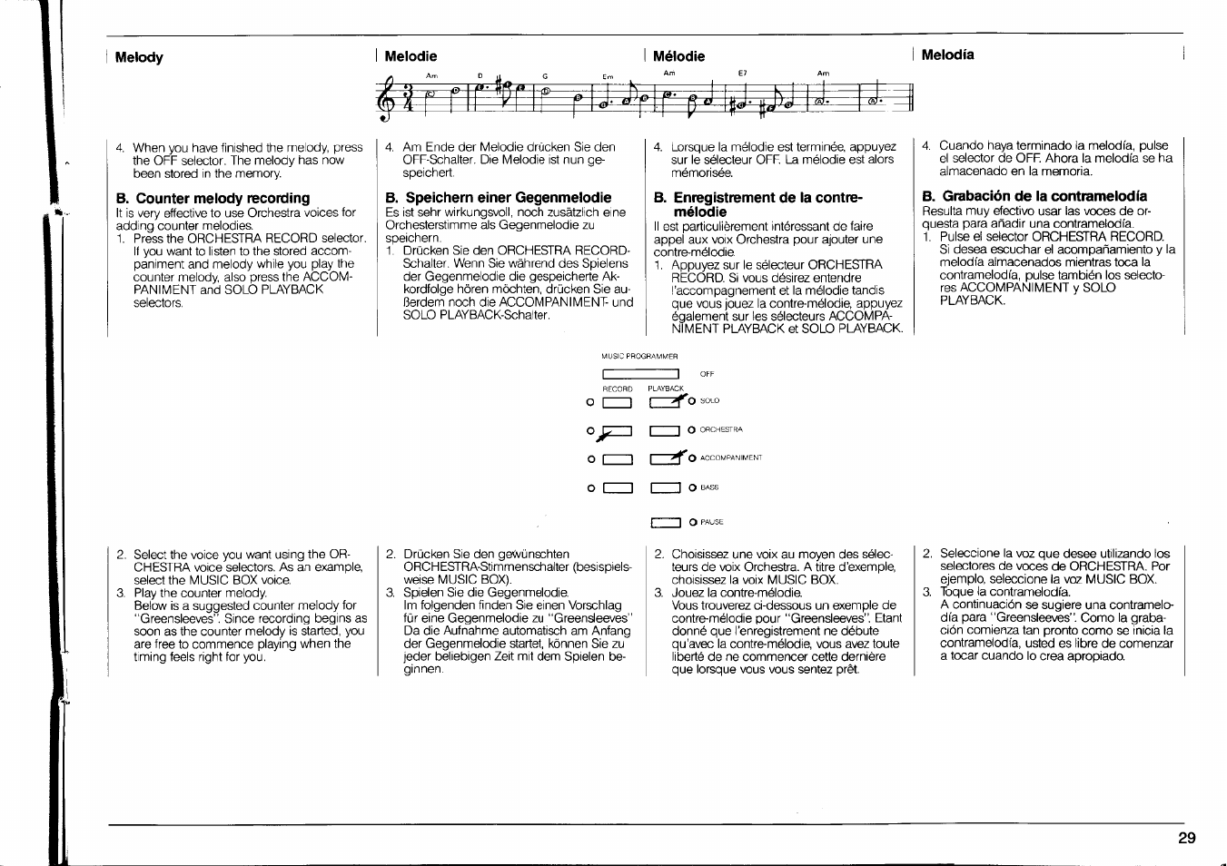 Melody, Melodie, Mélodie | Melodía, B. counter melody recording, B. speichern einer gegenmelodie, B. enregistrement de ia contre- mélodie, B. grabación de la contramelodía, O izzi i i | Yamaha PSR-90 User Manual | Page 31 / 51