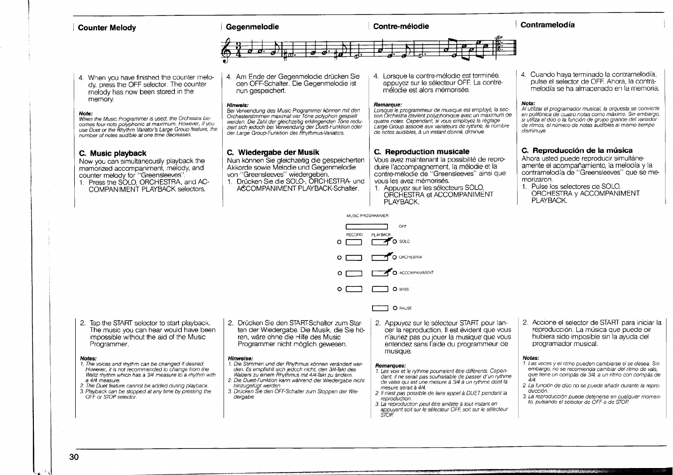 Counter melody, Gegenmelodie, Contre-mélodie | Contramelodía, C. music playback, C. wiedergabe der musik, C. reproduction musicale, C. reproducción de la música | Yamaha PSR-90 User Manual | Page 32 / 51