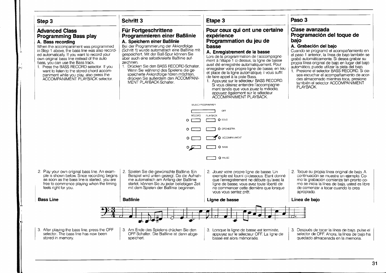 A. bass recording, A. speichern einer baßlinie, A. enregistrement de ia basse | A. grabación del bajo, Bass line, Baßlinie, Ligne de basse, Línea de bajo, Step 3, Advanced class programming bass play | Yamaha PSR-90 User Manual | Page 33 / 51