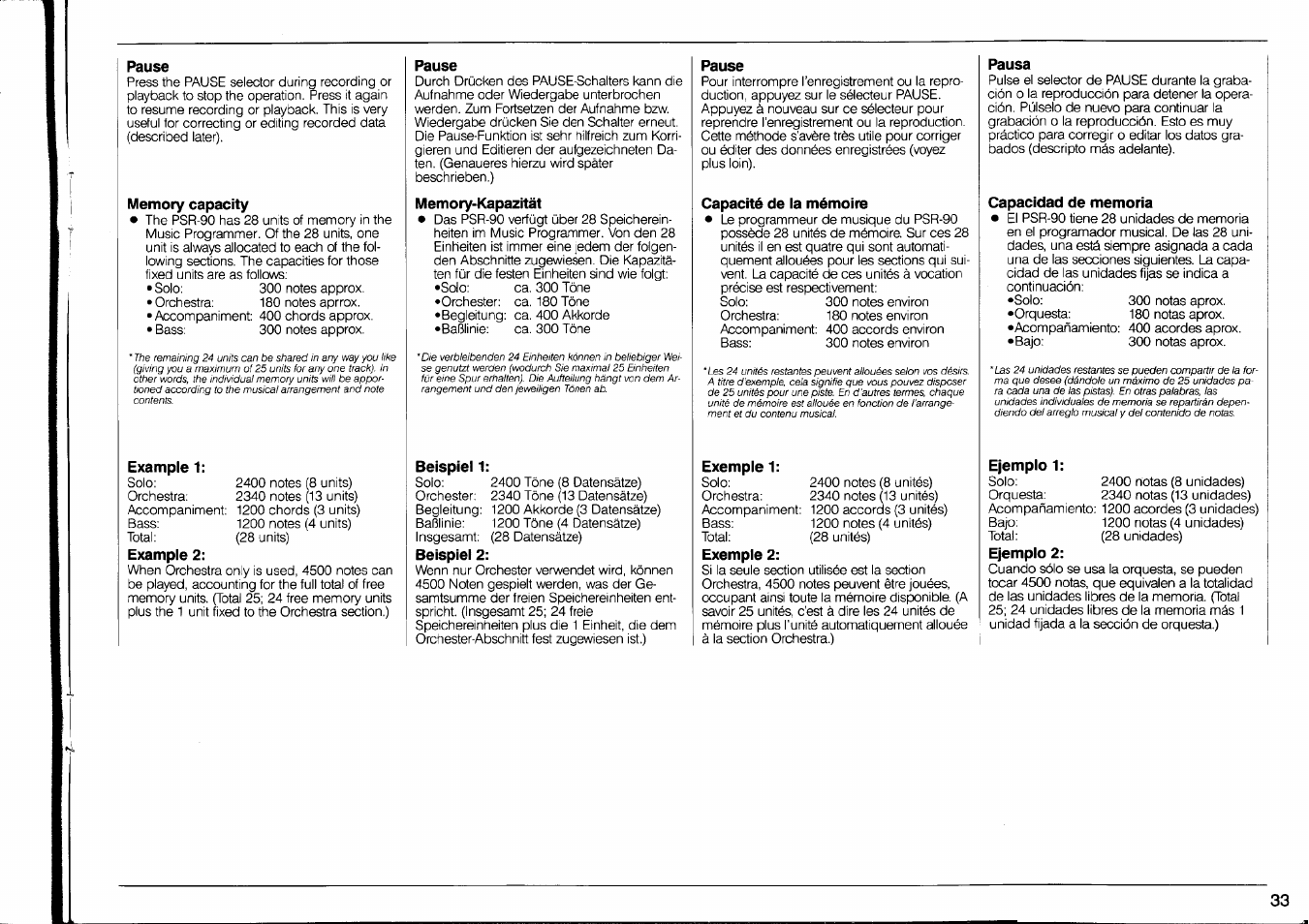 Memory capacity, Example 1, Example 2 | Pause, Memory-kapazltät, Beispiel 1, Beispiel 2, Capacité de la mémoire, Exemple 1, Exemple 2 | Yamaha PSR-90 User Manual | Page 35 / 51