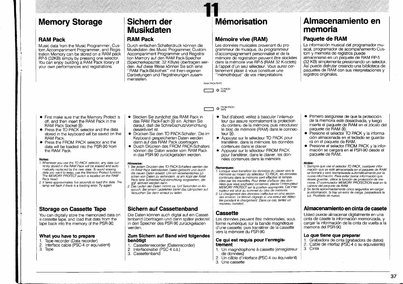 Memory storage, Ram pack, Sichern der musikdaten | Mémorisation, Mémoire vive (ram), Almacenamiento en memoria, Paquete de ram, Storage on cassette tape, What you have to prepare, Sichern auf cassettenband | Yamaha PSR-90 User Manual | Page 39 / 51