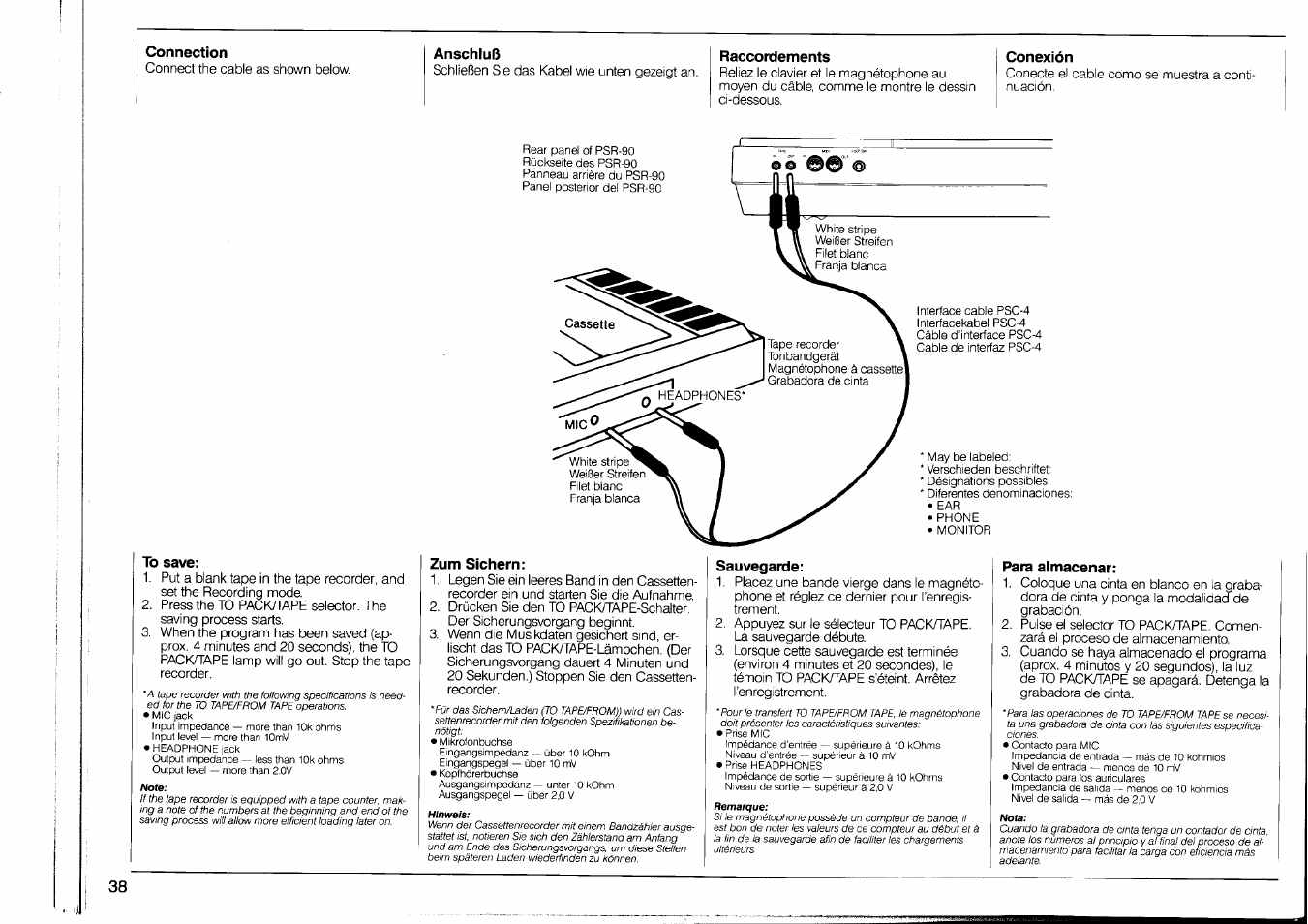 To save, Zum sichern, Sauvegarde | Para almacenar | Yamaha PSR-90 User Manual | Page 40 / 51