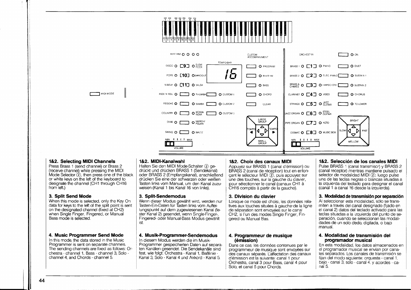 1&2. selecting midi channels, Split send mode, Music programmer send mode | Im— п, 1&2. midi-kanalwahl, Split-sendemodus, Mustk-programmer-sendemodus, 1&2. choix des canaux midi, Division du clavier, Programmeur de musique (émission) | Yamaha PSR-90 User Manual | Page 46 / 51