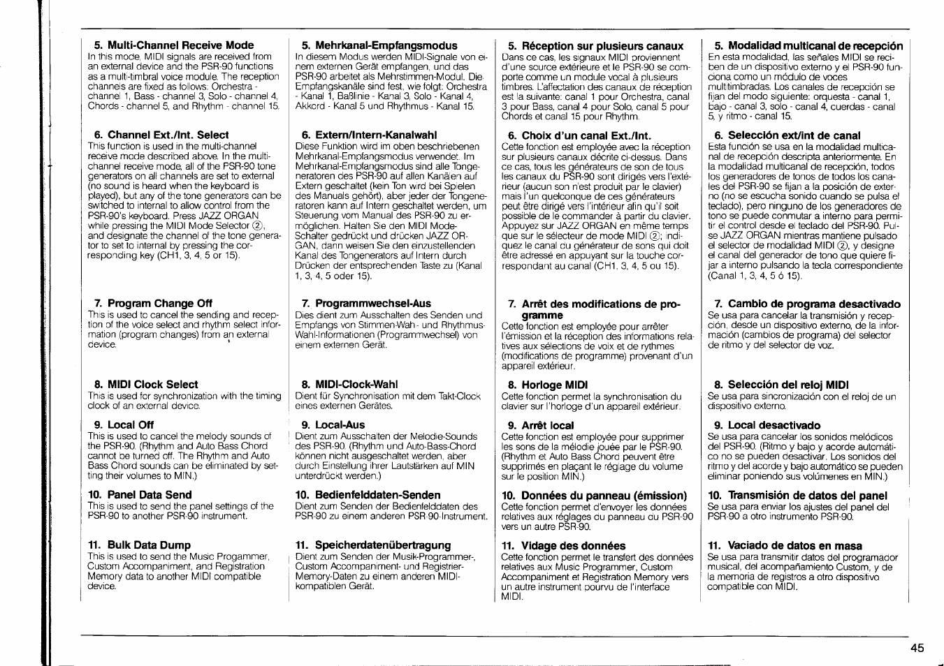Multi-channel receive mode, Channel ext./int. select, Program change off | Midi clock select, Local off, Panel data send, Bulk data dump, Mehrkanal-empfangsmodus, Extern/intern-kanalwahl, Programmwechsel-aus | Yamaha PSR-90 User Manual | Page 47 / 51