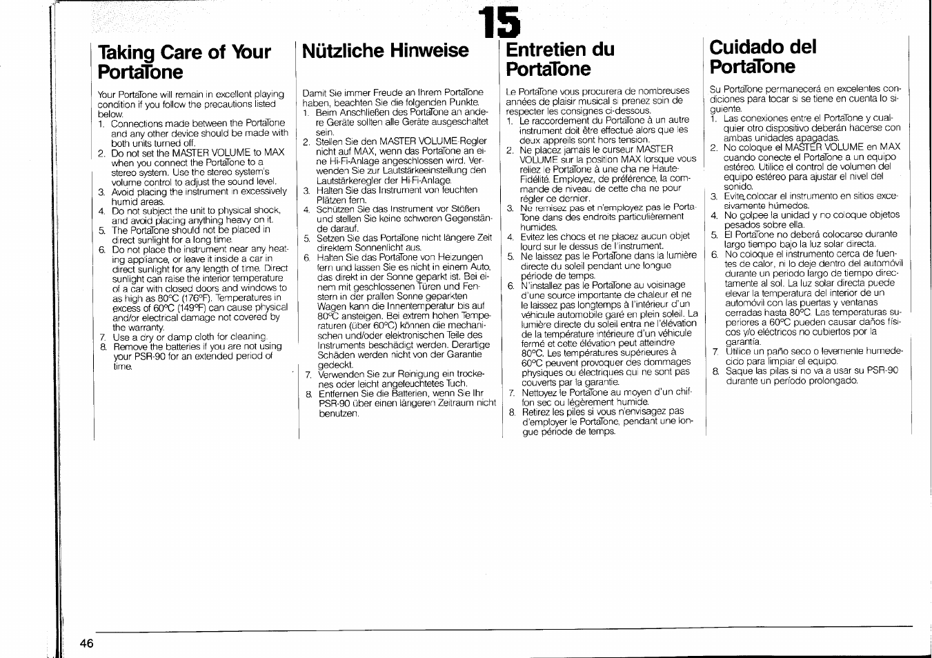 Taking care of your portatone, Nützliche hinweise, Entretien du portatone | Cuidado del portatone | Yamaha PSR-90 User Manual | Page 48 / 51