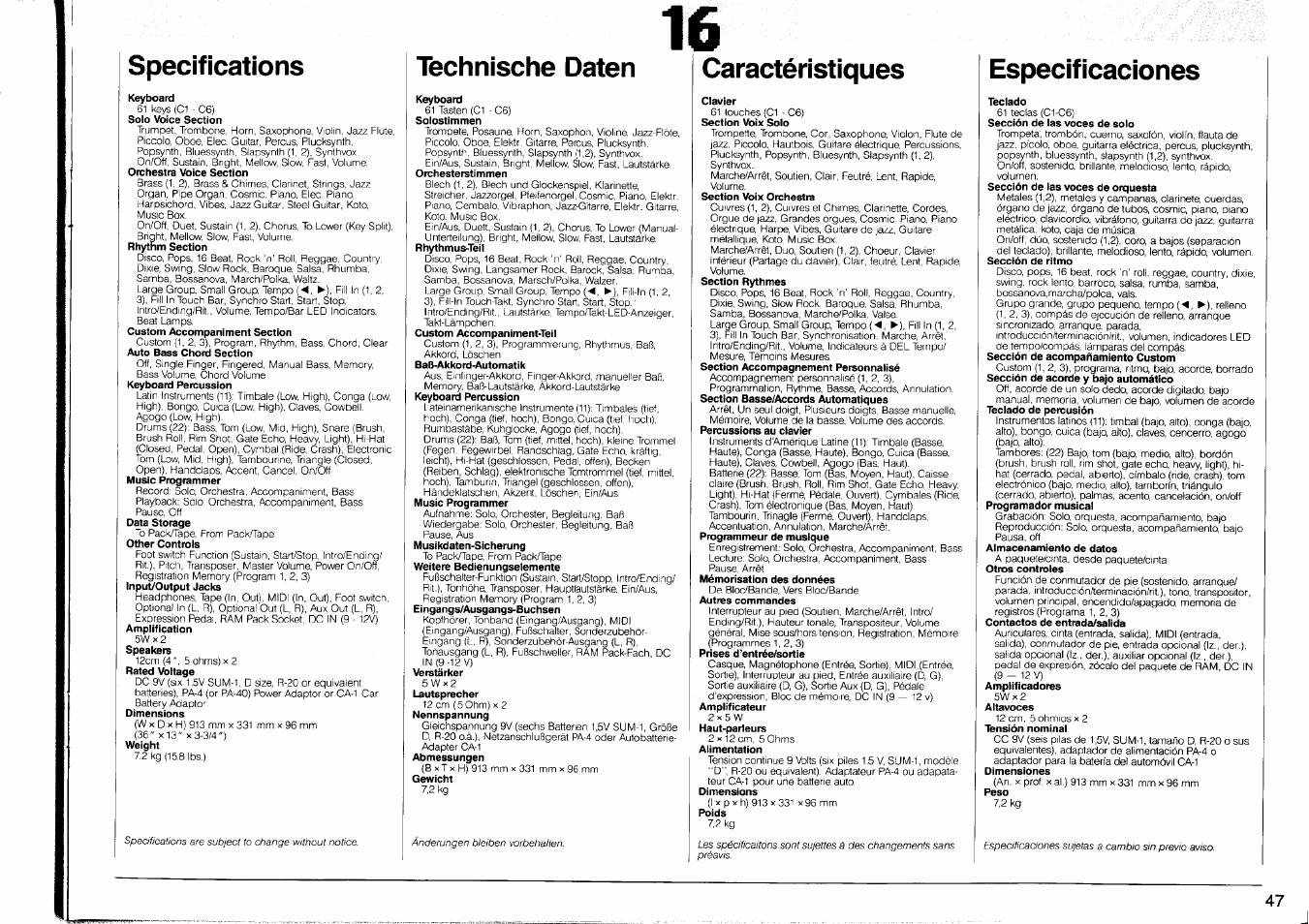 Specifications, Technische daten, Caractéristiques | Especificaciones | Yamaha PSR-90 User Manual | Page 49 / 51
