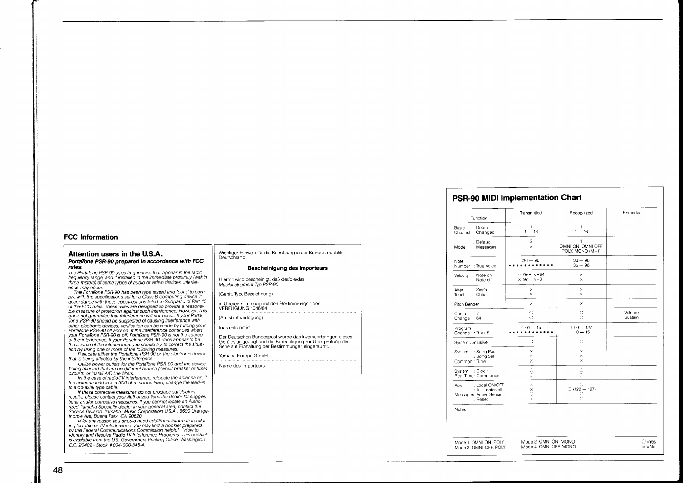 Fcc information attention users in the u.s.a, Psr-90 midi implementation chart | Yamaha PSR-90 User Manual | Page 50 / 51