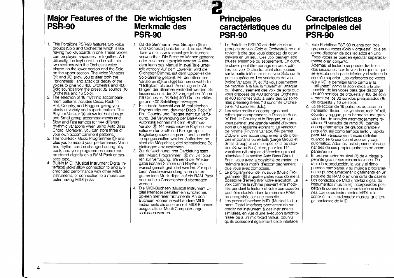 Major features of the psr-90, Die wichtigsten merkmale des psr-90, Principales caractéristiques du psr-90 | Características principales del psr-90 | Yamaha PSR-90 User Manual | Page 6 / 51