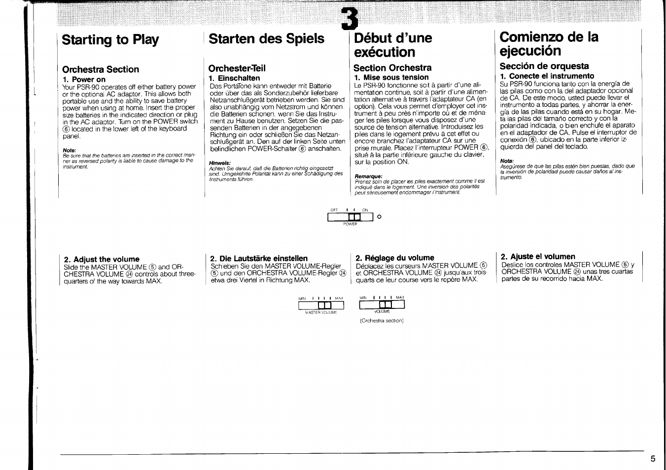 Starting to play, Orchestra section, Power on | Starten des spiels, Orchester-teil, Einschalten, Début d’une exécution, Section orchestra, Mise sous tension, Adjust the volume | Yamaha PSR-90 User Manual | Page 7 / 51