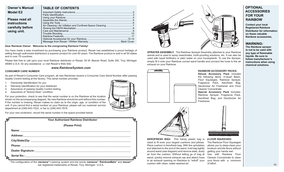 Optional accessories for your rainbow, Warning | Rainbow e2 (Gold) User Manual | Page 2 / 8