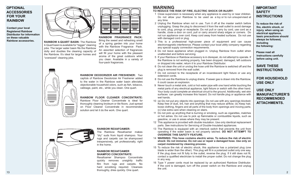 Warning, Important safety instructions | Rainbow e2 (Silver) User Manual | Page 3 / 8