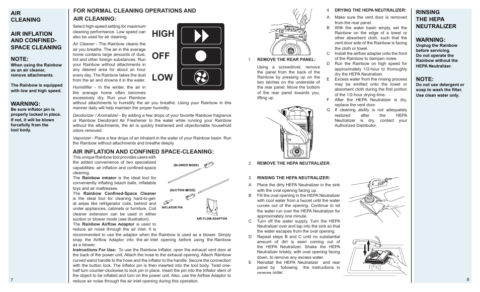 High off low, Air inflation and confined space-cleaning, Warning | For normal cleaning operations and air cleaning, Rinsing the hepa neutralizer warning | Rainbow e2 (Silver) User Manual | Page 8 / 8