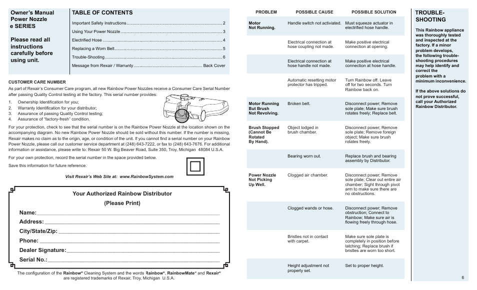 Address, City/state/zip, Phone | Dealer signature, Serial no, Trouble- shooting | Rainbow Power Nozzle (e2) User Manual | Page 2 / 4