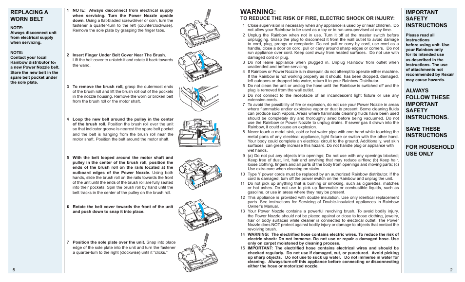 Warning, Important safety instructions, Replacing a worn belt | Rainbow Power Nozzle (e2) User Manual | Page 3 / 4