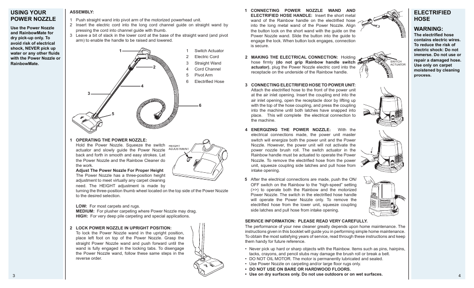 Using your power nozzle, Electrified hose warning | Rainbow Power Nozzle (e2) User Manual | Page 4 / 4