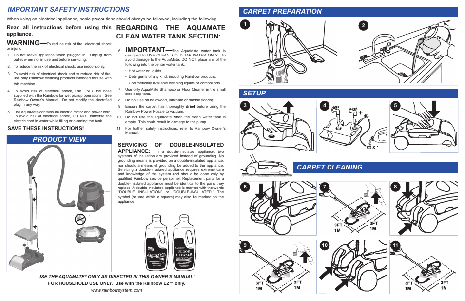 Important safety instructions, Warning, Important | Product view, Carpet cleaning, Setup, Carpet preparation | Rainbow AquaMate (e2 Silver) User Manual | Page 2 / 4