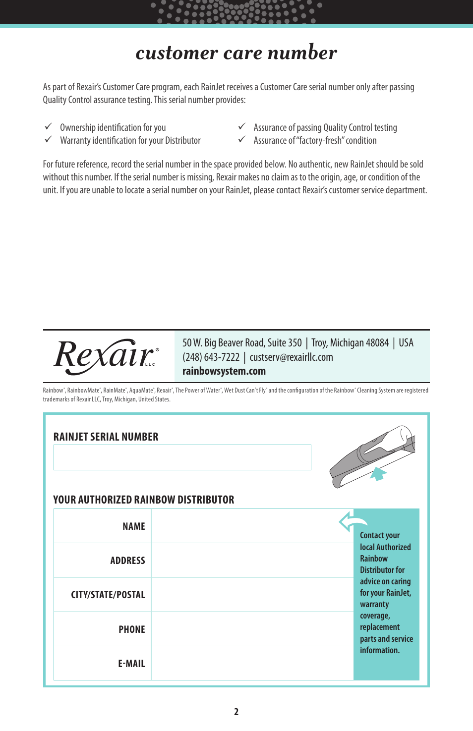 Customer care number | Rainbow RainJet User Manual | Page 3 / 8