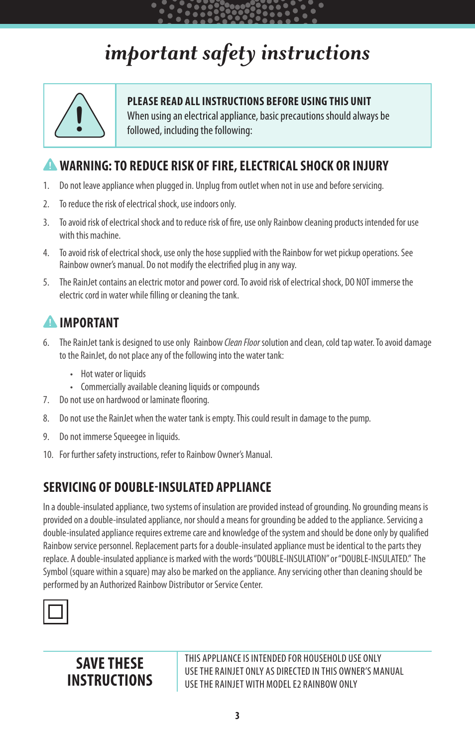 Important safety instructions, Save these instructions | Rainbow RainJet User Manual | Page 4 / 8