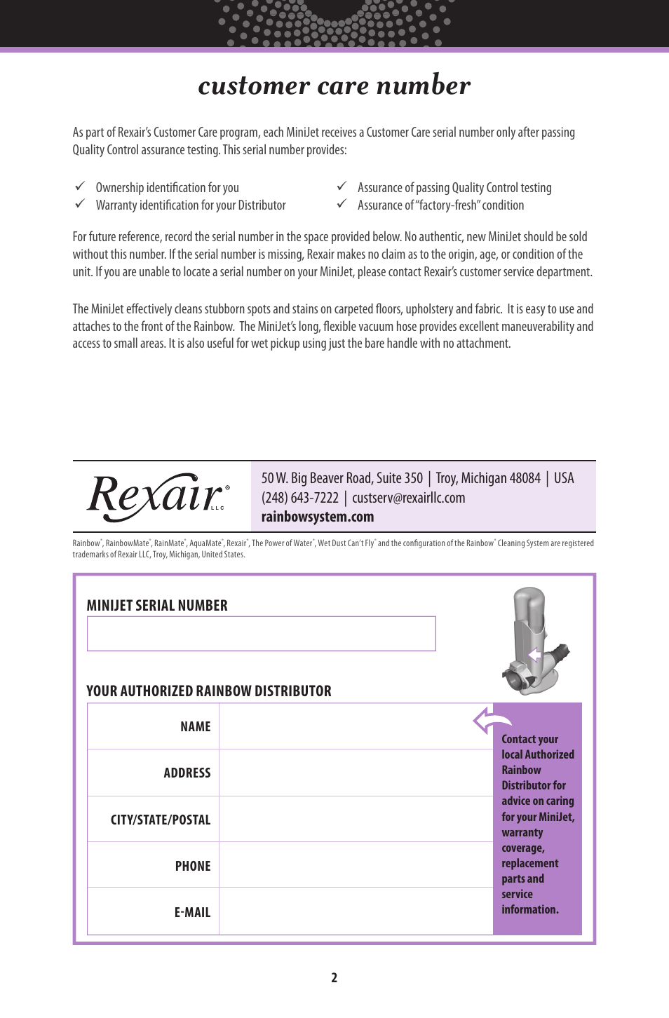 Customer care number | Rainbow MiniJet User Manual | Page 3 / 8