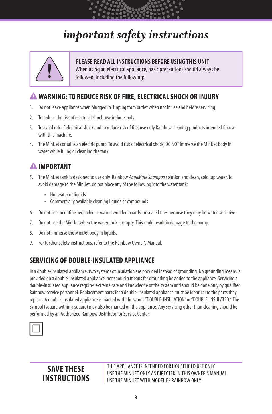 Important safety instructions, Save these instructions | Rainbow MiniJet User Manual | Page 4 / 8