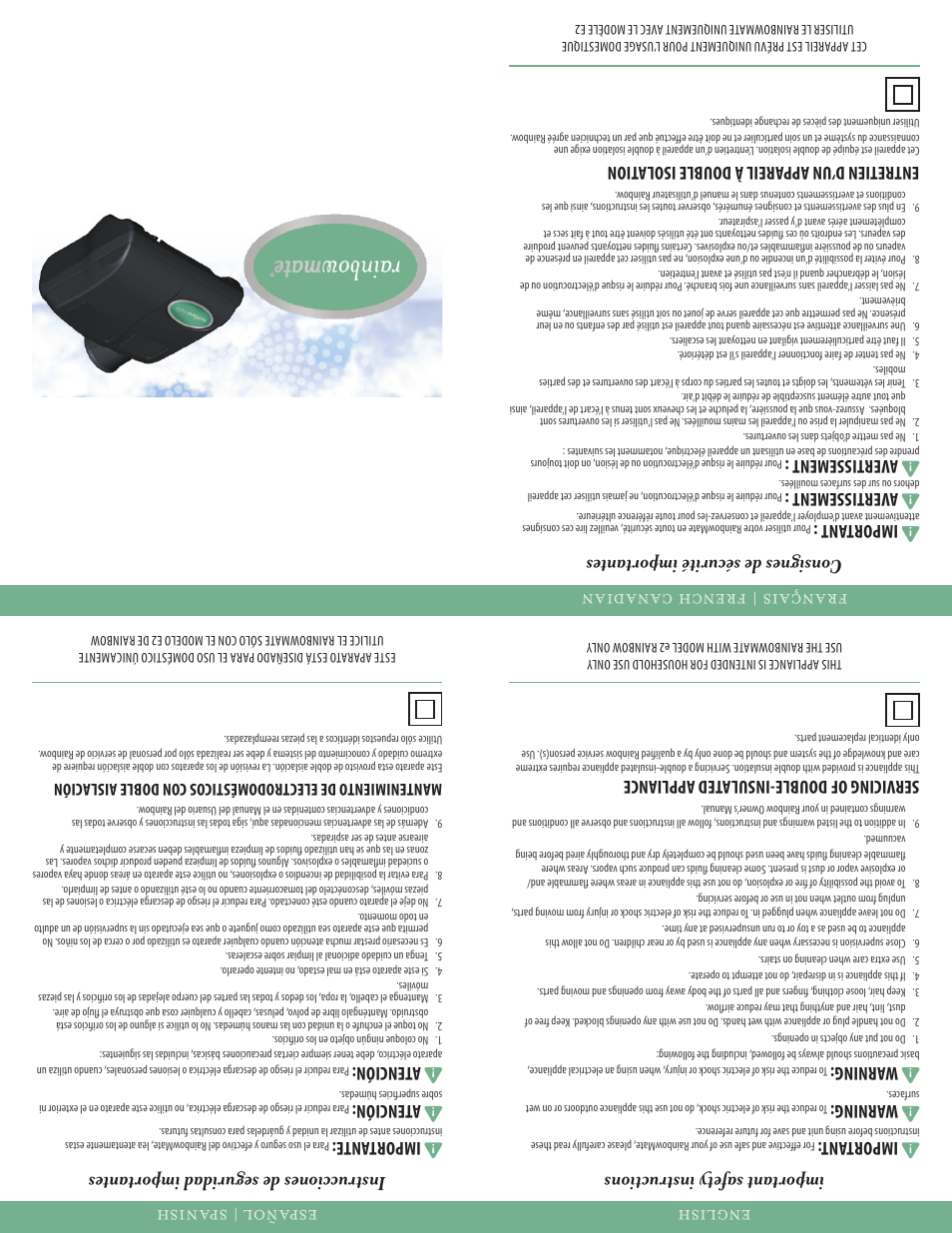 Eng lis h imp ort ant s afe ty i nst ruc tio ns, Impor tan t, Warn ing | Serv ici ng of d oub le- ins ula ted a ppl ianc e, Im por tant, Ave rti sse ment, Im por tante, Aten ción | Rainbow RainbowMate User Manual | Page 2 / 2