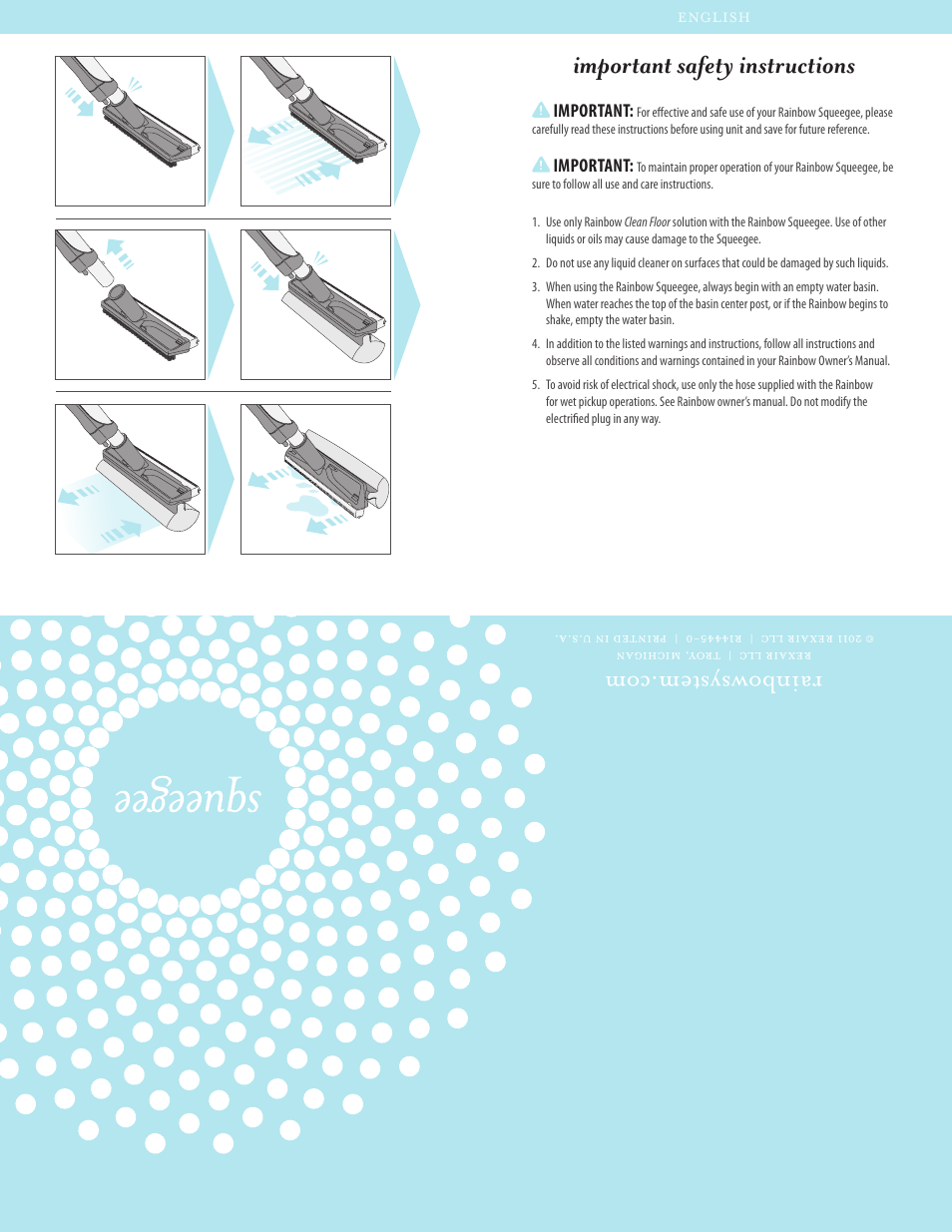 Important safety instructions, Rai nbo wsy stem .co m, English | Rainbow Squeegee User Manual | Page 2 / 4