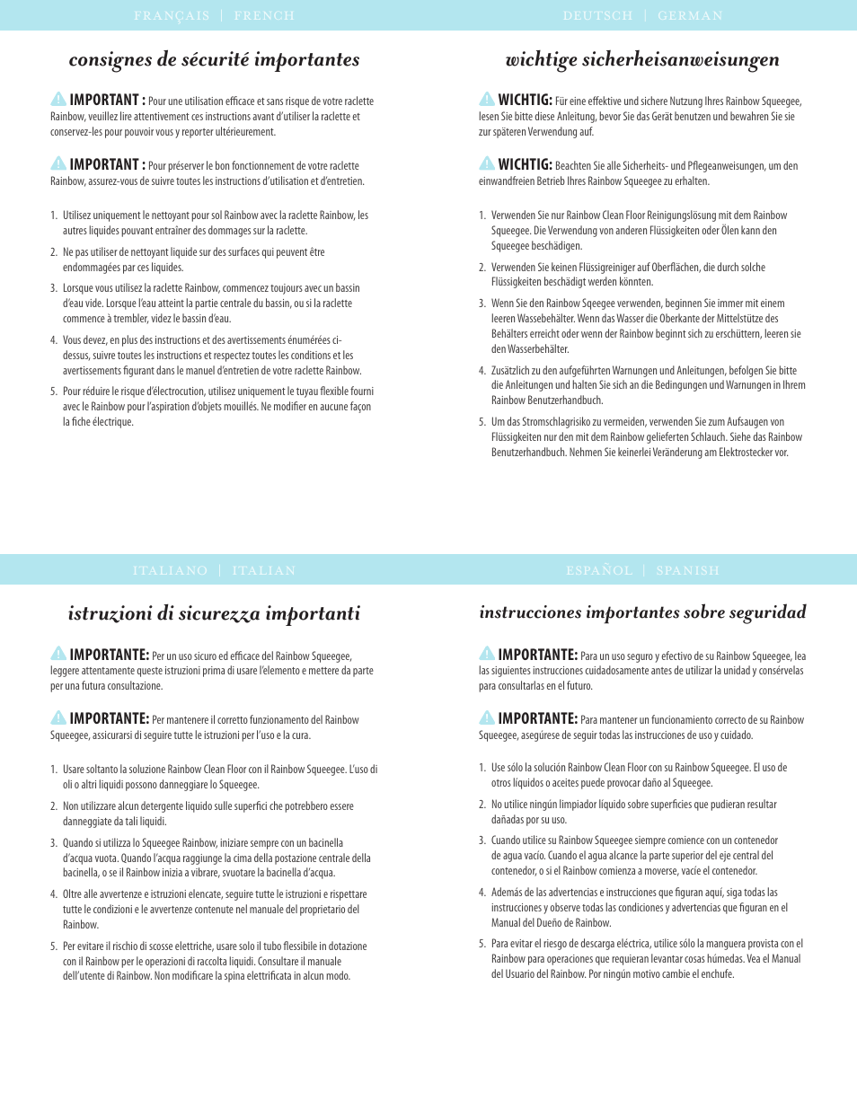 Istruzioni di sicurezza importanti, Instrucciones importantes sobre seguridad | Rainbow Squeegee User Manual | Page 4 / 4