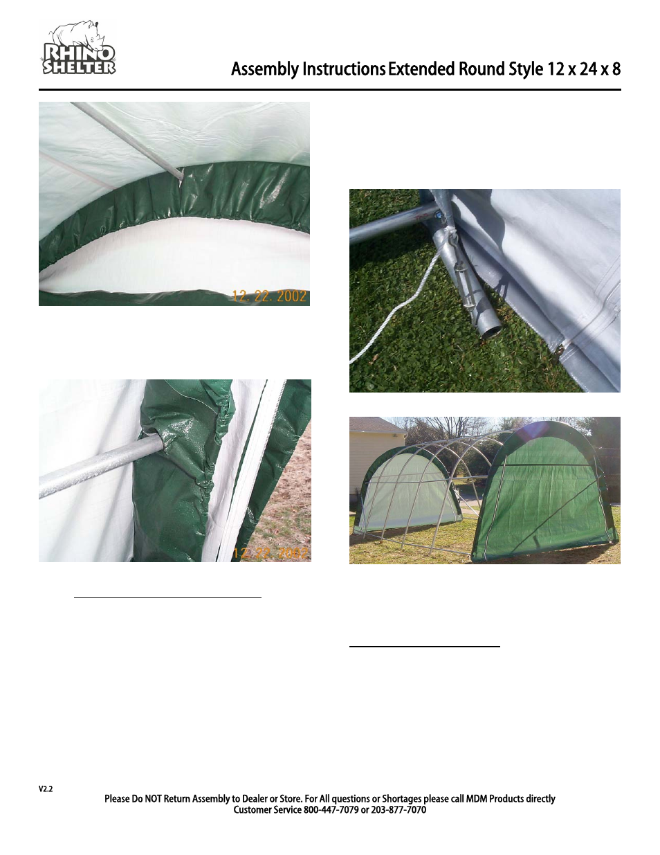 Main cover installation, Assembly instructions | Rhino Shelter EXT ROUND-12WX24LX8H User Manual | Page 7 / 9