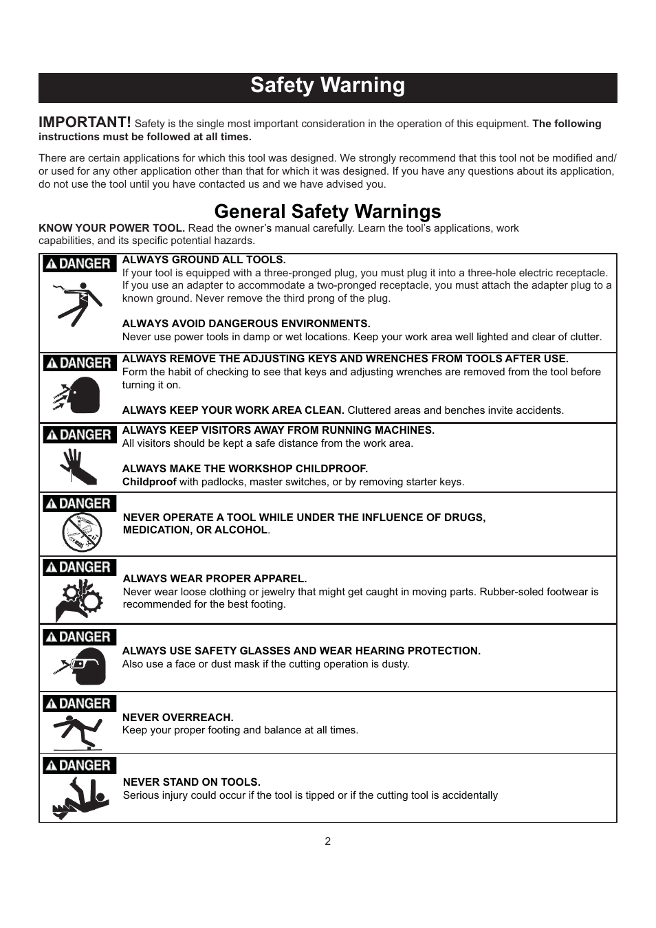 Safety warning, General safety warnings, Important | RIKON Power Tools 10-201 User Manual | Page 2 / 40