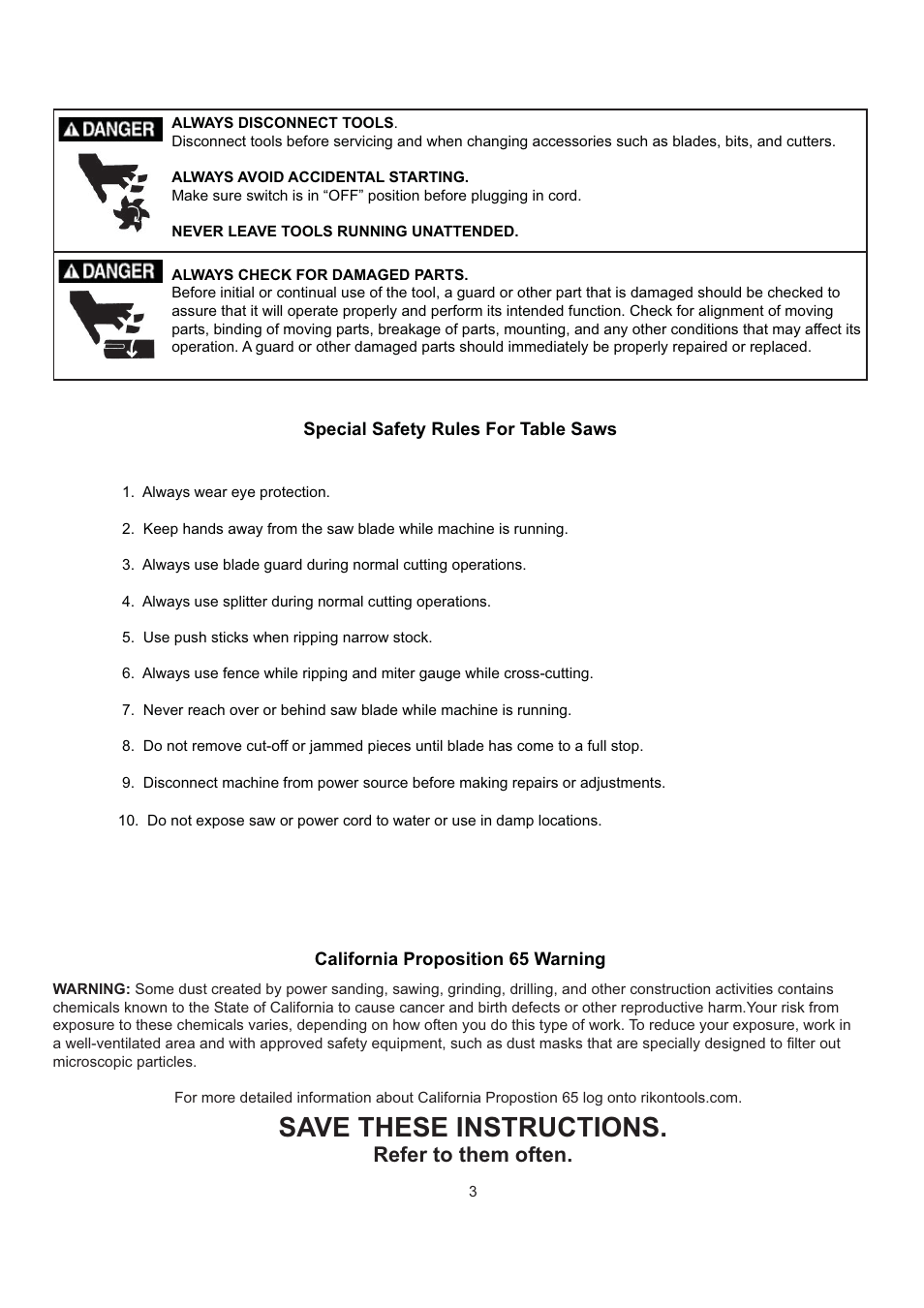 Save these instructions, Refer to them often | RIKON Power Tools 10-201 User Manual | Page 3 / 40