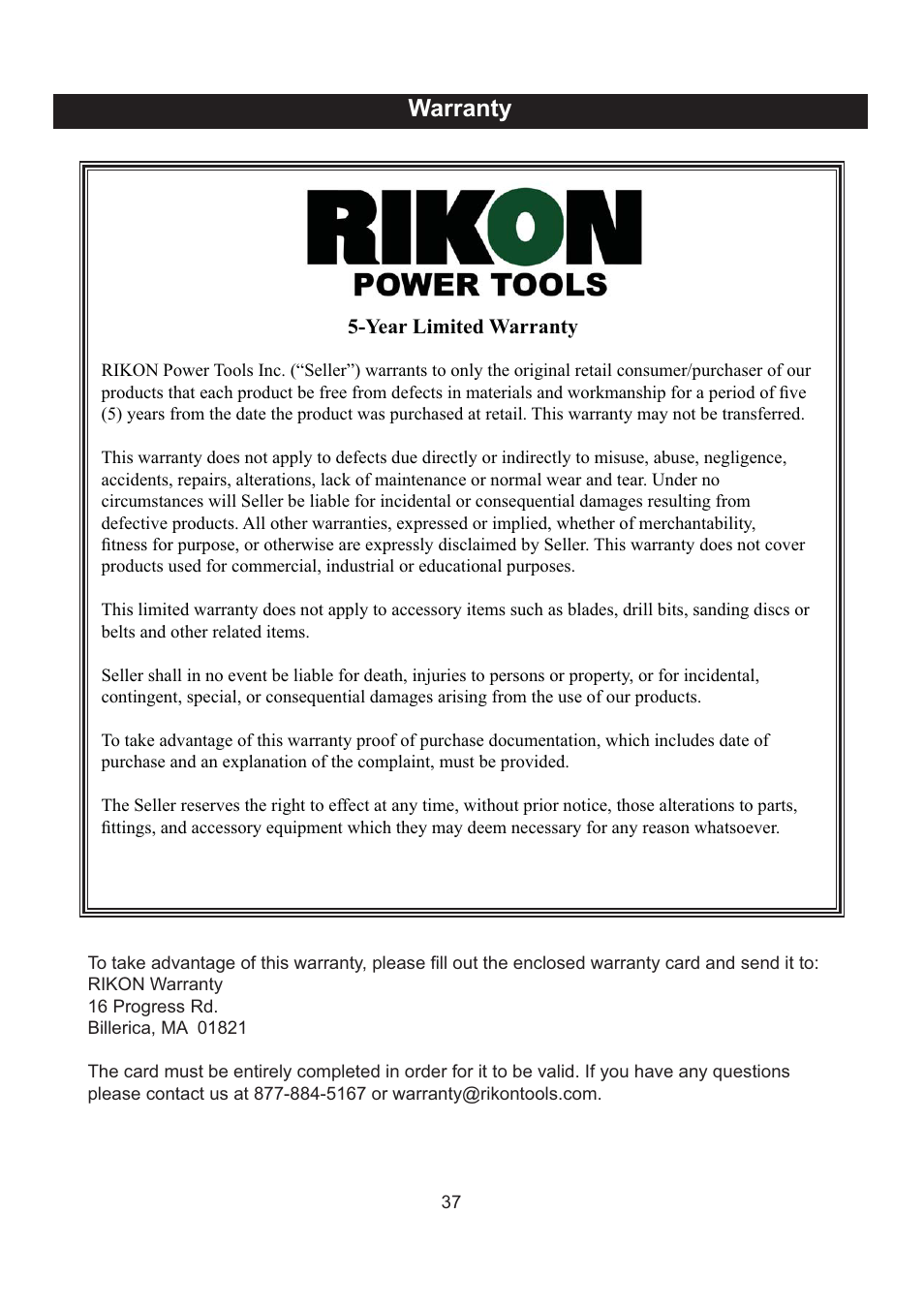 Warranty | RIKON Power Tools 10-201 User Manual | Page 37 / 40